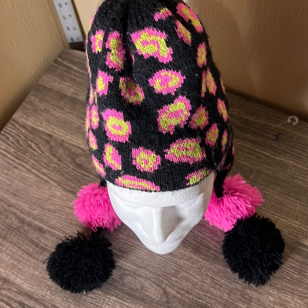 Toby Girls Tasseled Pompom Beanie Black/Pink OSFM